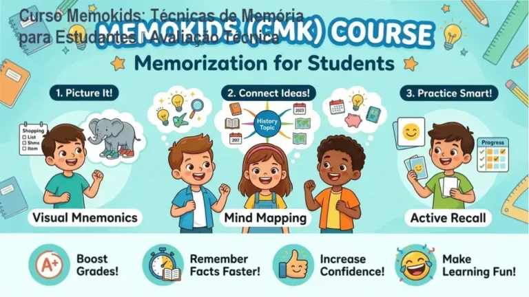 Tela do Curso Memokids mostrando módulos de técnicas de memorização para estudantes