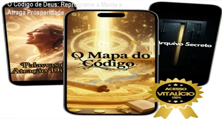 Imagem do curso O Código de Deus mostrando a capa do programa e ícones de mente, prosperidade e acesso vitalício