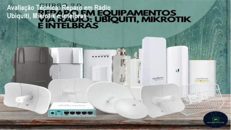 Treinamento prático JD Reparos Telecom mostrando reparo de equipamentos Ubiquiti, Mikrotik e Intelbras