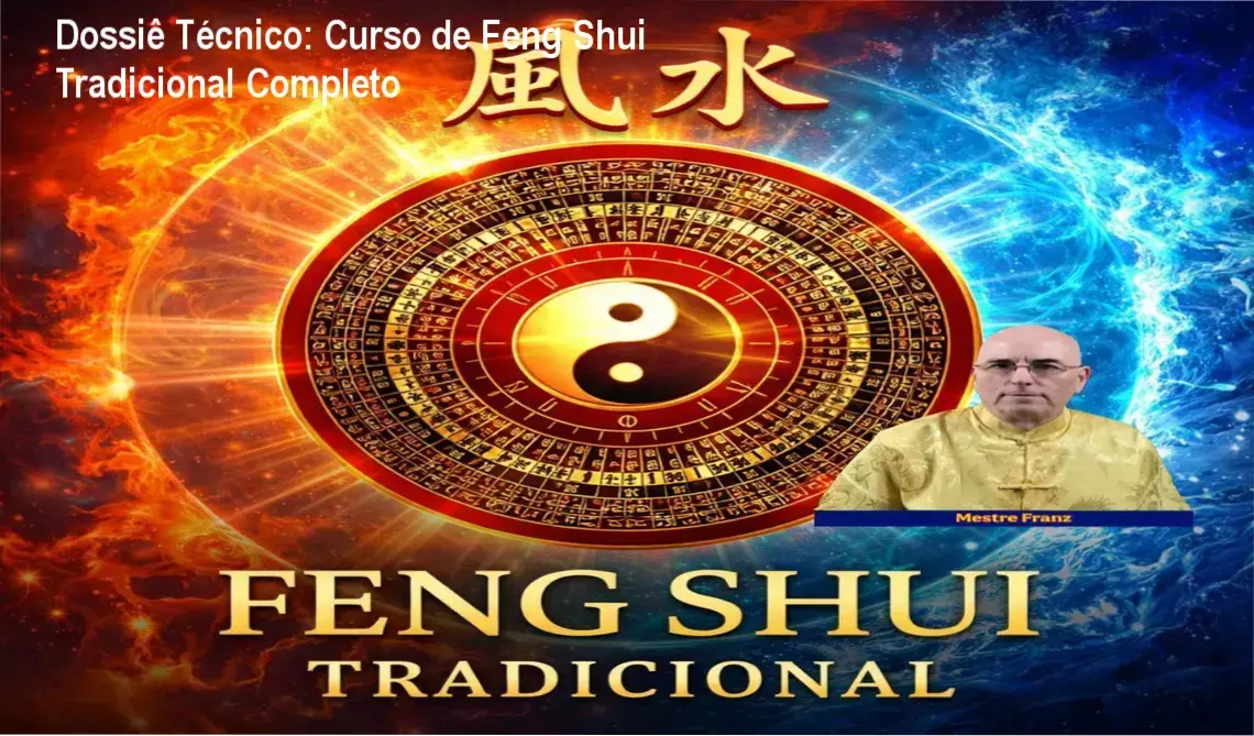 Representação técnica de bússola Lo Pan e cálculos de Feng Shui Tradicional para harmonização de ambientes