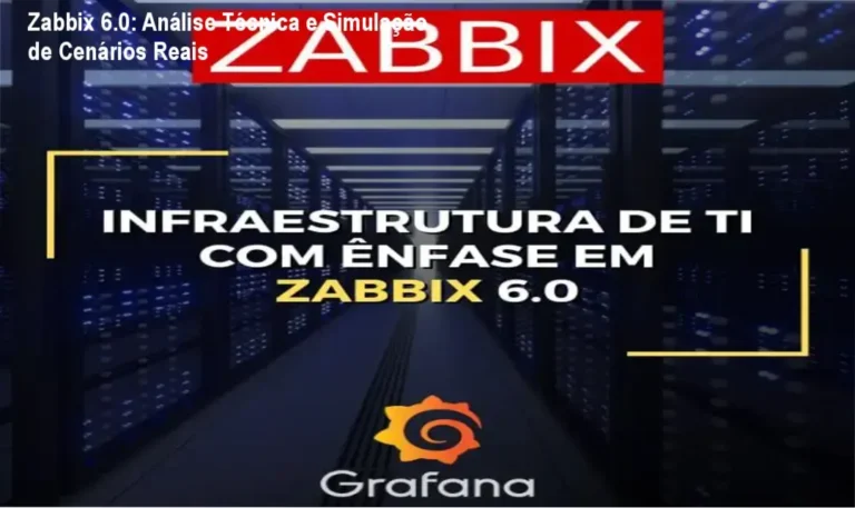 Interface de monitoramento Zabbix 6.0 com dashboards do Grafana simulando cenários de infraestrutura de TI