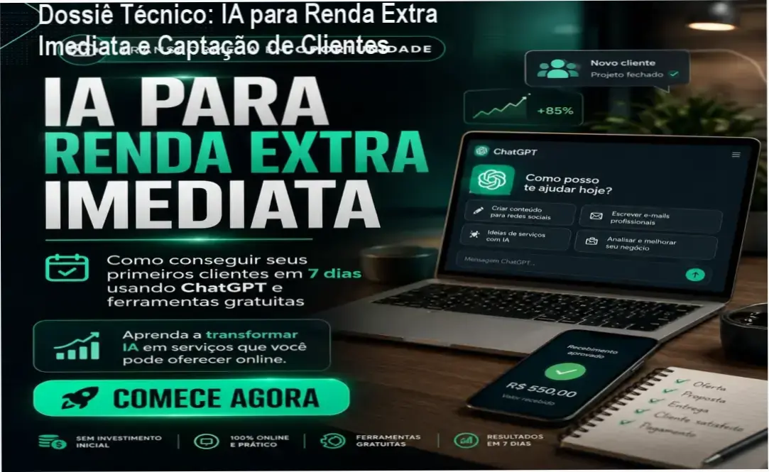 Ebook IA para Renda Extra Imediata apresentando o plano de ação para conquista de clientes