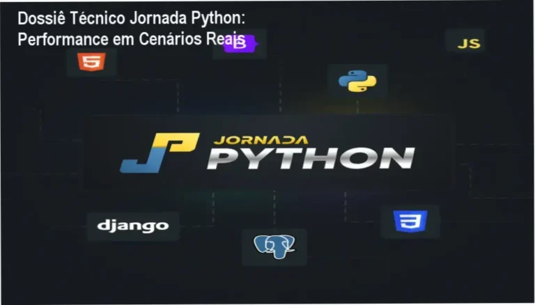 Infográfico técnico demonstrando a trilha de aprendizado da Jornada Python aplicada a cenários reais de desenvolvimento