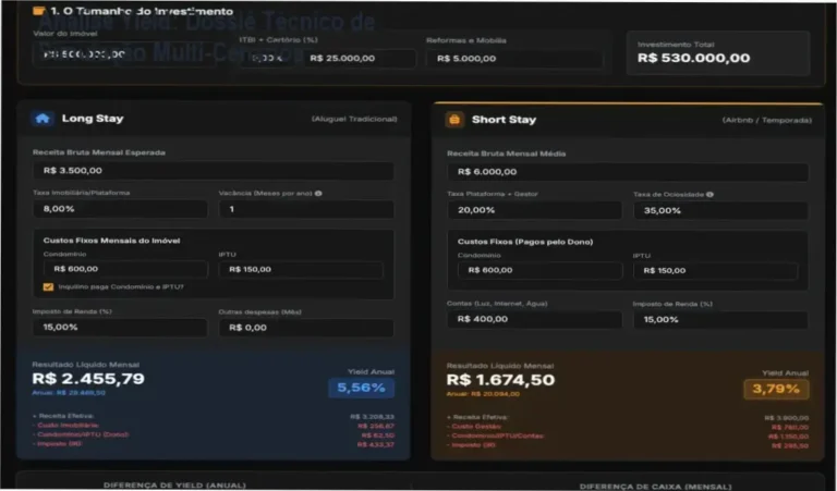 Interface de inteligência de mercado da Assinatura Análise Yield exibindo simulações de cenários técnicos