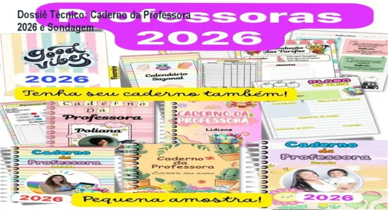 Visão detalhada do Caderno da Professora 2026 com ferramentas de Sondagem Diagnóstica e planejamento pedagógico
