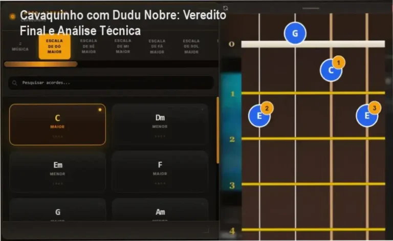 Interface do curso Cavaquinho com Dudu Nobre destacando a tecnologia de reconhecimento de áudio
