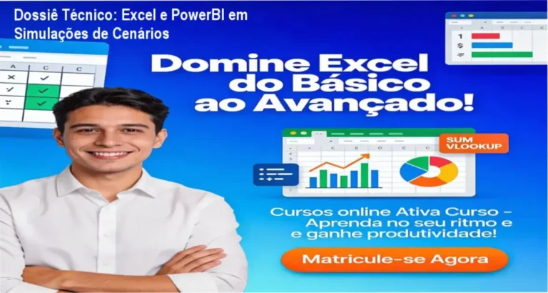 Interface de planilhas do Excel e dashboards de PowerBI simulando cenários corporativos reais