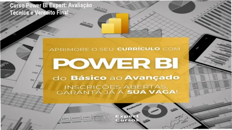 Interface do Curso Power BI Expert exibindo dashboards profissionais e ferramentas de análise de dados