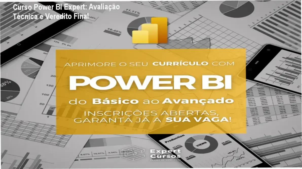 Interface do Curso Power BI Expert exibindo dashboards profissionais e ferramentas de análise de dados
