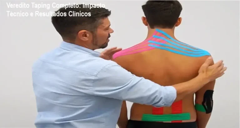 Profissional de saúde aplicando a técnica de Taping Completo para reabilitação clínica