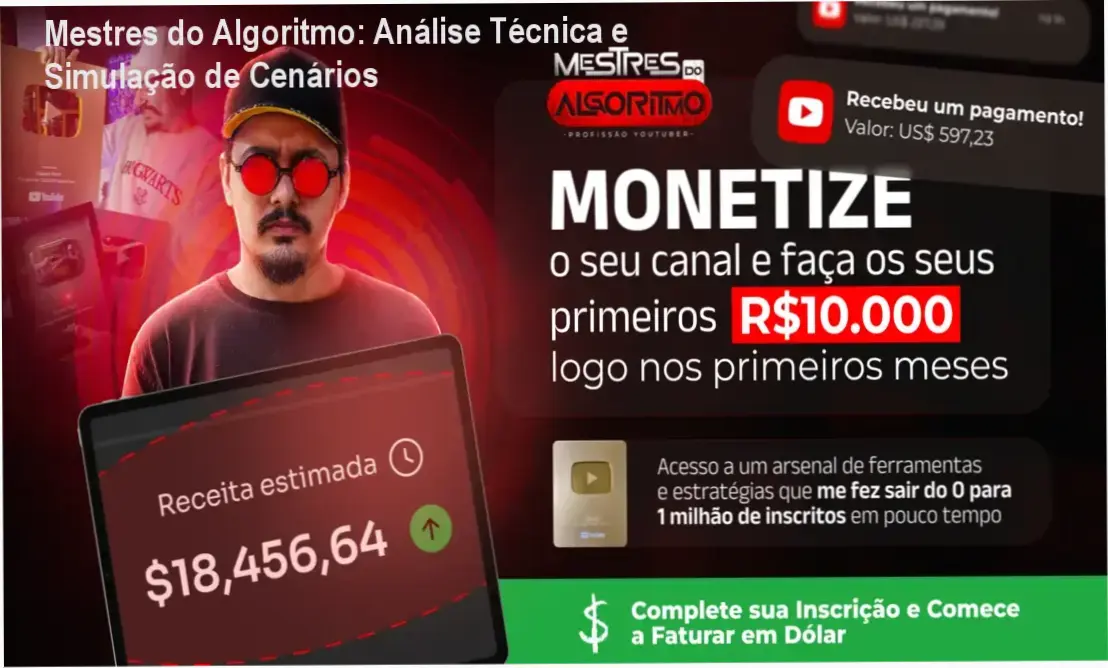 Infográfico detalhando a estrutura de automação de canais dark do curso Mestres do Algoritmo