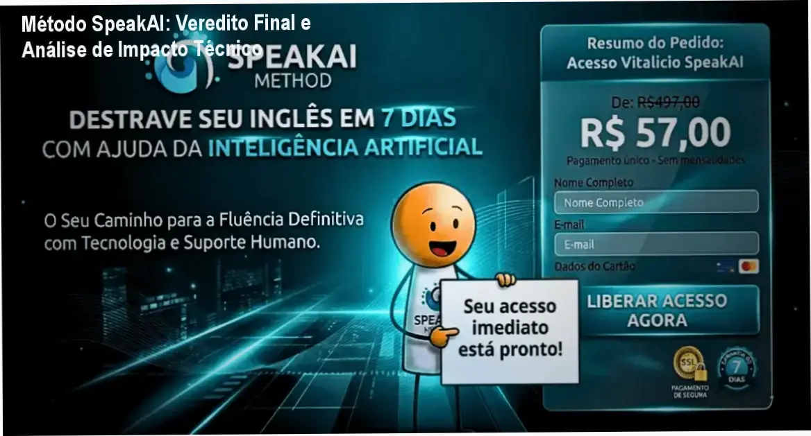 Método SpeakAI: Veredito Final e Análise de Impacto Técnico 1 Curso de Memorização PDF Interface do Método SpeakAI - Inglês Fácil demonstrando o aprendizado de conversação