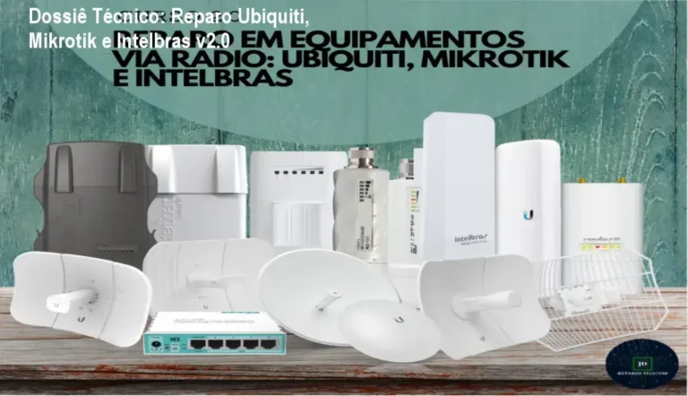 Dossiê Técnico: Reparo Ubiquiti, Mikrotik e Intelbras v2.0 5 Curso de Memorização PDF Técnico realizando reparo eletrônico em placa de rádio Ubiquiti com multímetro e estação de solda