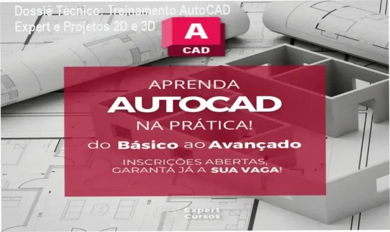 Interface do software AutoCAD exibindo projetos técnicos de engenharia e arquitetura do curso Expert Cursos