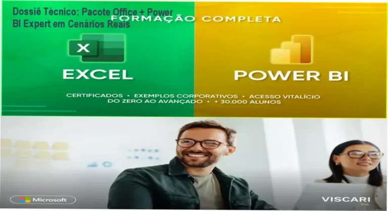 Dossiê Técnico: Pacote Office + Power BI Expert em Cenários Reais 8 Curso de Memorização PDF Interface do curso Pacote Office + Power BI Expert exibindo dashboards e ferramentas de análise de dados